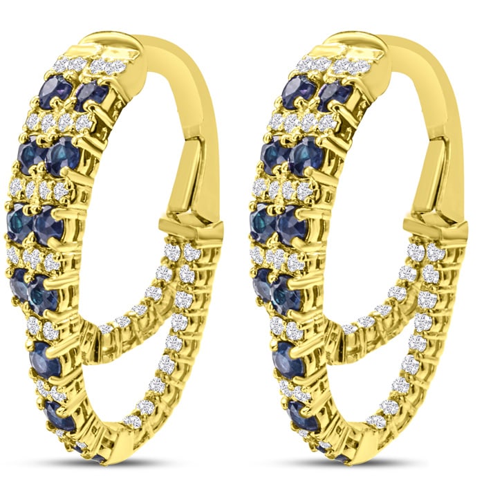 2 1/2 Carat Sapphire and Diamond Hoop Earrings In 14 Karat Yellow Gold, 1 Inch