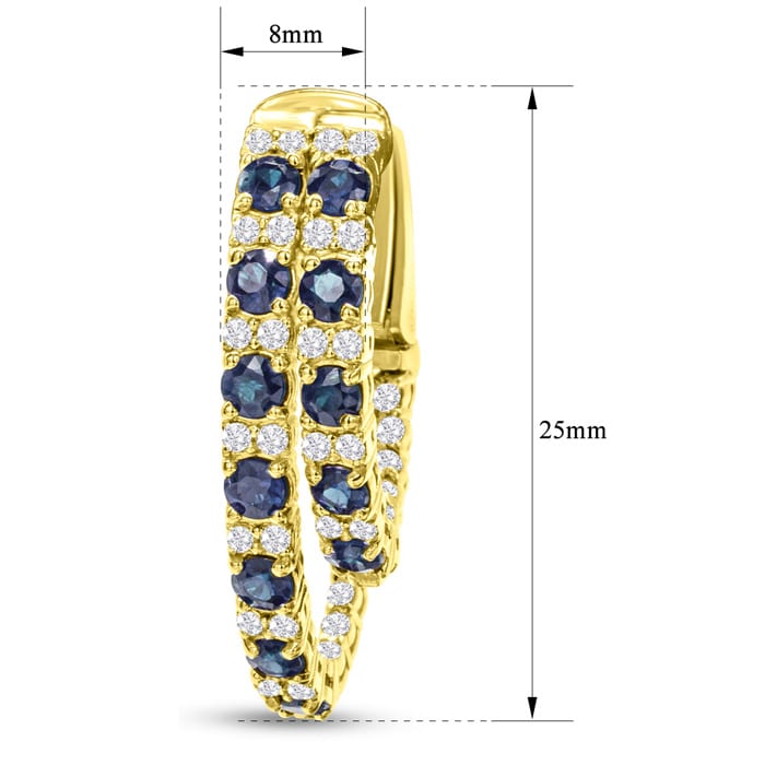 2 1/2 Carat Sapphire and Diamond Hoop Earrings In 14 Karat Yellow Gold, 1 Inch