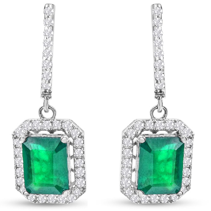 4 1/2 Carat Emerald and Diamond Drop Earrings In 14 Karat White Gold, 1 1/4 Inch