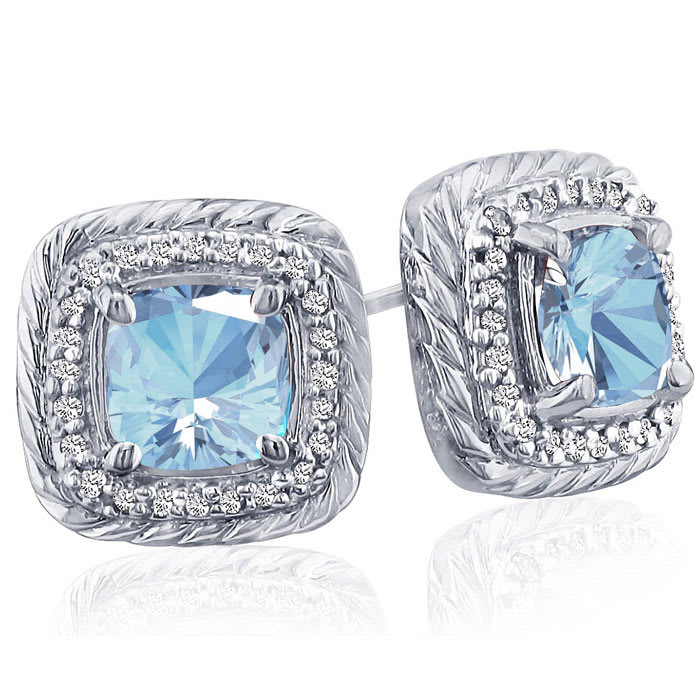 2 3/4 Carat Cushion Cut Aquamarine and Diamond Earrings In Sterling Silver