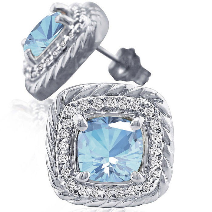 2 3/4 Carat Cushion Cut Aquamarine and Diamond Earrings In Sterling Silver