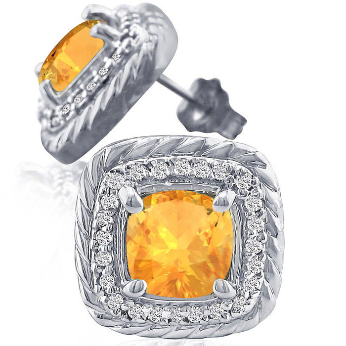 2 3/4 Carat Cushion Cut Citrine and Diamond Earrings In Sterling Silver