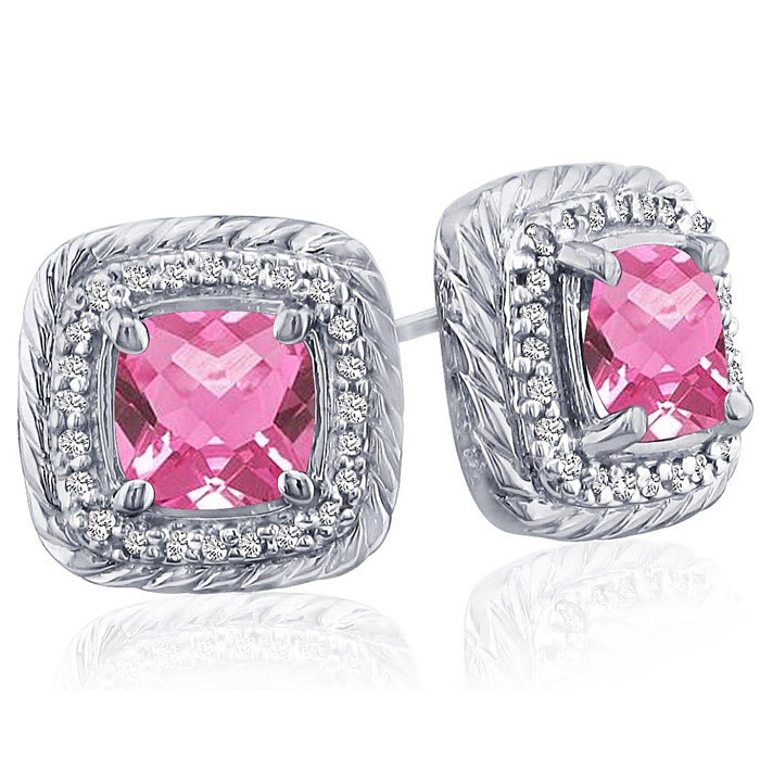 2 3/4 Carat Cushion Cut Pink Sapphire and Diamond Earrings In Sterling Silver