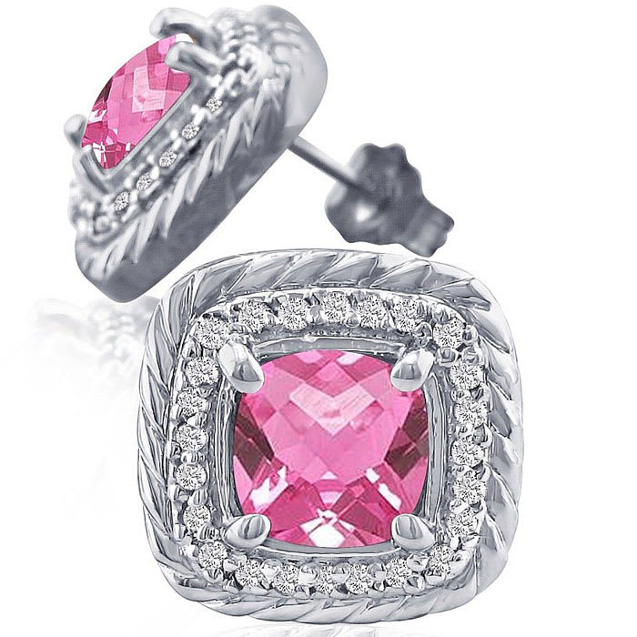 2 3/4 Carat Cushion Cut Pink Sapphire and Diamond Earrings In Sterling Silver