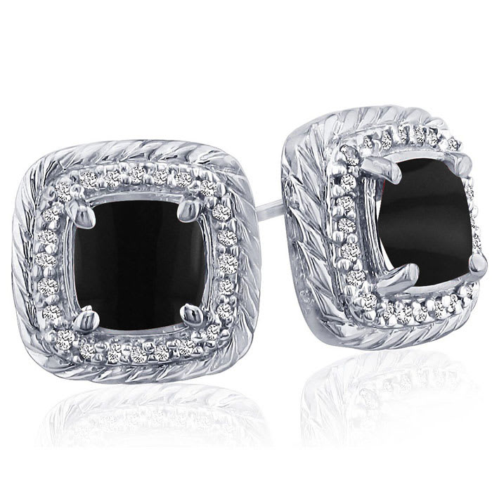 2 3/4 Carat Cushion Cut Black Onyx and Diamond Earrings In Sterling Silver