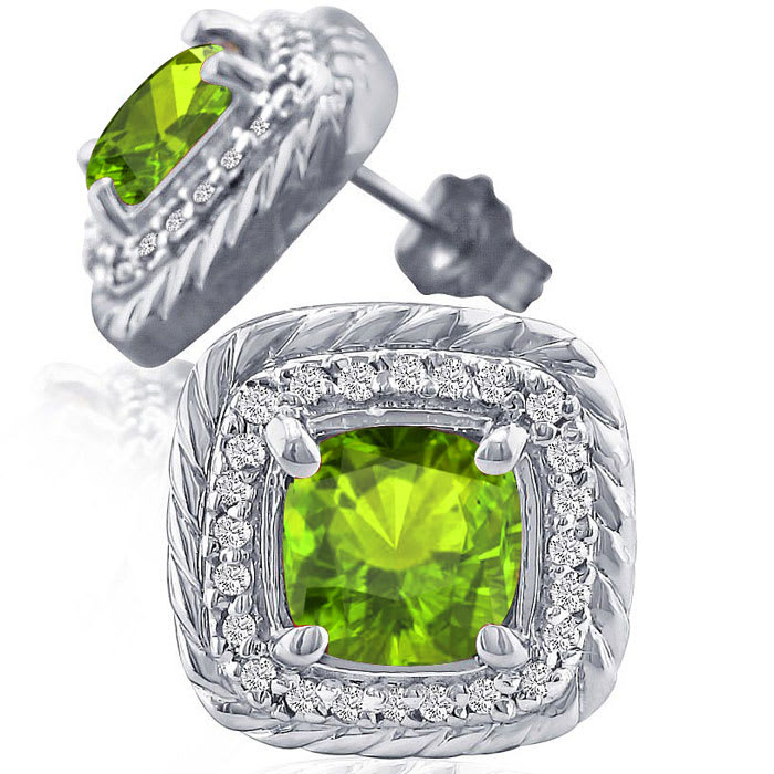 2 3/4 Carat Cushion Cut Peridot and Diamond Earrings In Sterling Silver