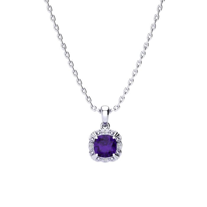 2 Carat Cushion Cut Amethyst and Diamond Necklace In Sterling Silver With 18 Inch Chain