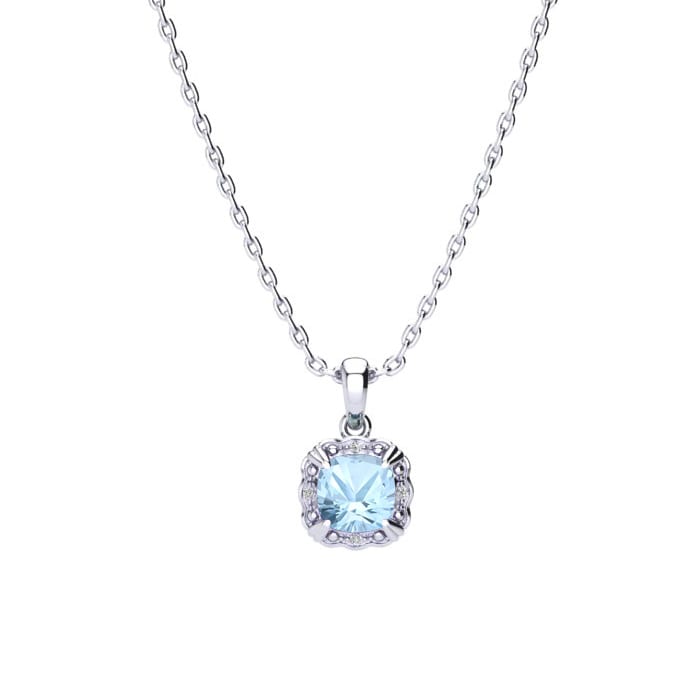 2 Carat Cushion Cut Aquamarine and Diamond Necklace In Sterling Silver With 18 Inch Chain