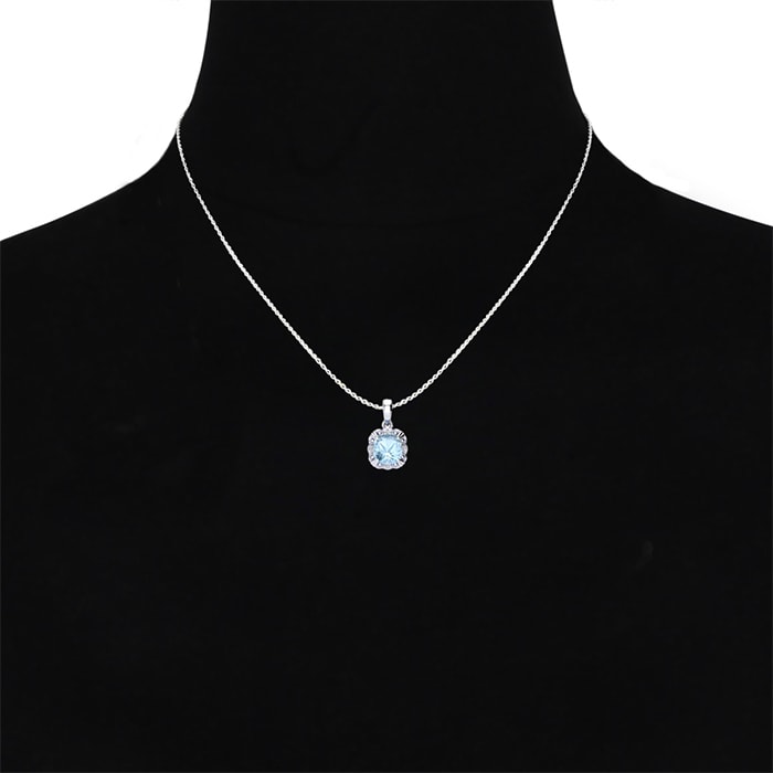 2 Carat Cushion Cut Aquamarine and Diamond Necklace In Sterling Silver With 18 Inch Chain