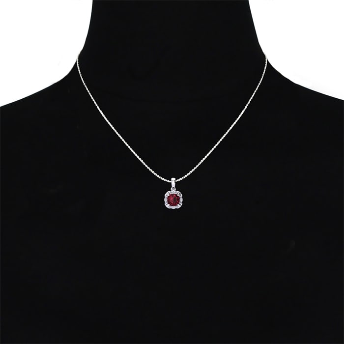 2 Carat Cushion Cut Garnet and Diamond Necklace In Sterling Silver With 18 Inch Chain