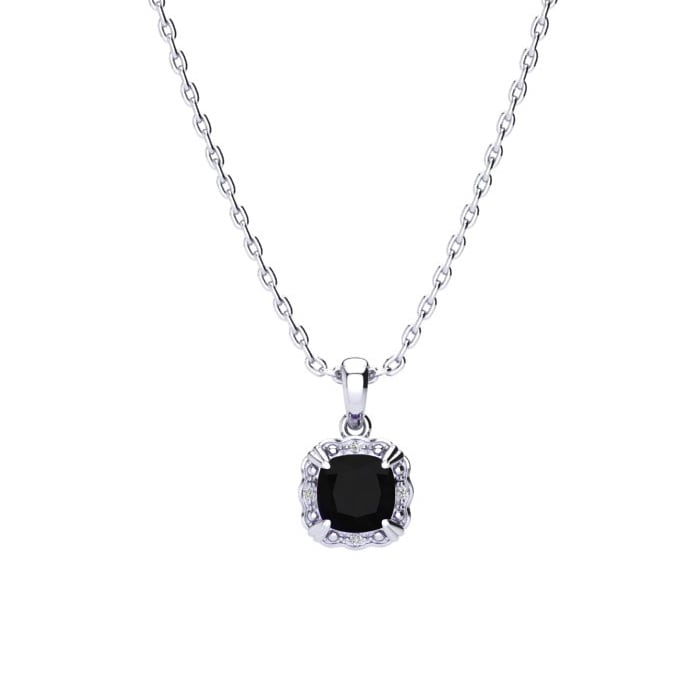 2 Carat Cushion Cut Black Onyx and Diamond Necklace In Sterling Silver With 18 Inch Chain