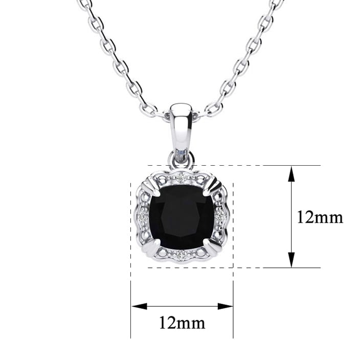 2 Carat Cushion Cut Black Onyx and Diamond Necklace In Sterling Silver With 18 Inch Chain
