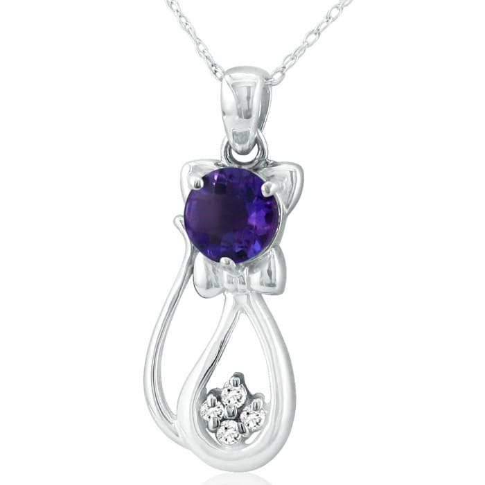 1 Carat Amethyst and Diamond Cat Necklace In Sterling Silver With 18 Inch Chain