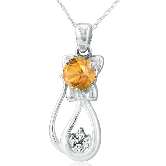 1 Carat Citrine and Diamond Cat Necklace In Sterling Silver With 18 Inch Chain