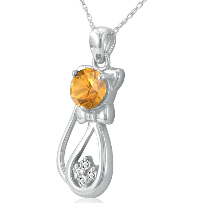 1 Carat Citrine and Diamond Cat Necklace In Sterling Silver With 18 Inch Chain
