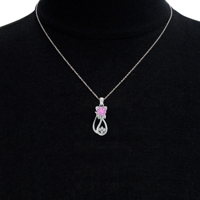 1 Carat Pink Sapphire and Diamond Cat Necklace In Sterling Silver With 18 Inch Chain