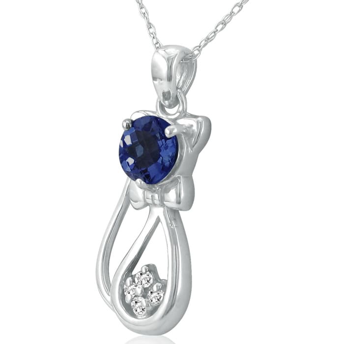 1 Carat Sapphire and Diamond Cat Necklace In Sterling Silver With 18 Inch Chain