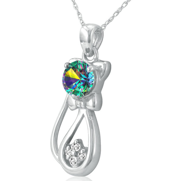 1 Carat Mystic Topaz and Diamond Cat Necklace In Sterling Silver With 18 Inch Chain