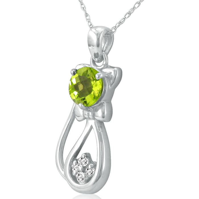 1 Carat Peridot and Diamond Cat Necklace In Sterling Silver With 18 Inch Chain