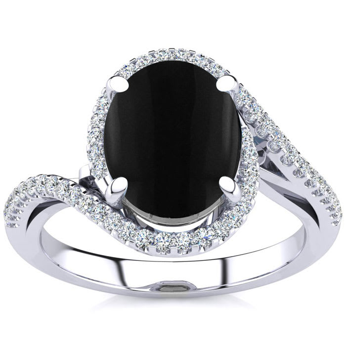 Black Onyx Ring: 2 3/4 Carat Oval Shape Black Onyx and Halo Diamond Ring In Sterling Silver