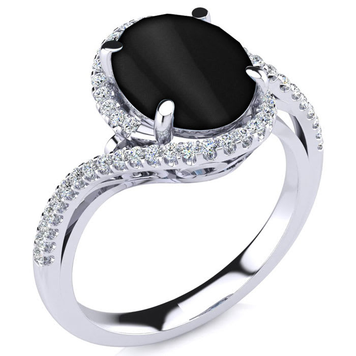 Black Onyx Ring: 2 3/4 Carat Oval Shape Black Onyx and Halo Diamond Ring In Sterling Silver