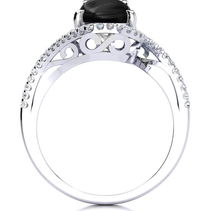 Black Onyx Ring: 2 3/4 Carat Oval Shape Black Onyx and Halo Diamond Ring In Sterling Silver