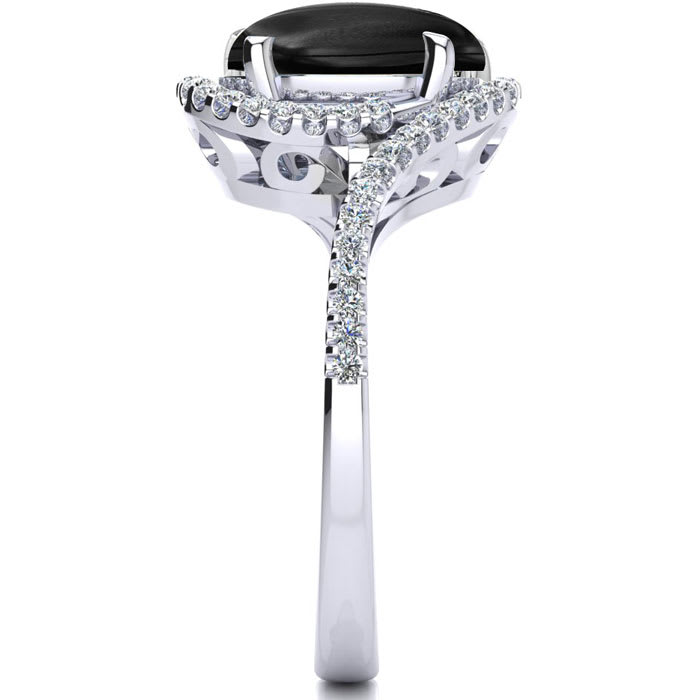 Black Onyx Ring: 2 3/4 Carat Oval Shape Black Onyx and Halo Diamond Ring In Sterling Silver
