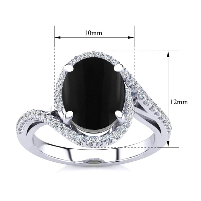 Black Onyx Ring: 2 3/4 Carat Oval Shape Black Onyx and Halo Diamond Ring In Sterling Silver