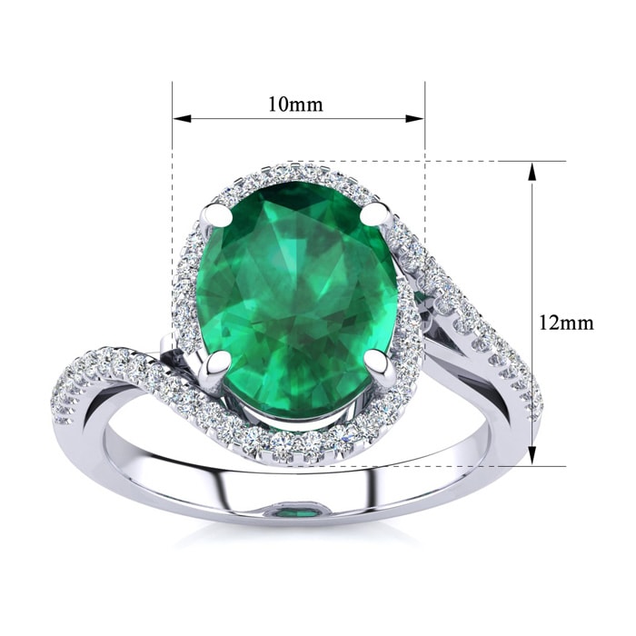 Emerald Ring: 2 3/4 Carat Oval Shape Created Emerald and Halo Diamond Ring In Sterling Silver