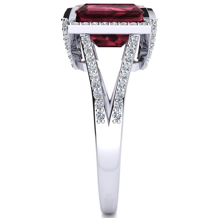 Garnet Ring: 4 Carat Emerald Shape Garnet and Diamond Ring In Sterling Silver