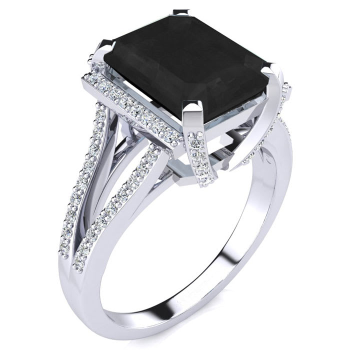 Black Onyx Ring: 4 Carat Emerald Shape Black Onyx and Diamond Ring In Sterling Silver