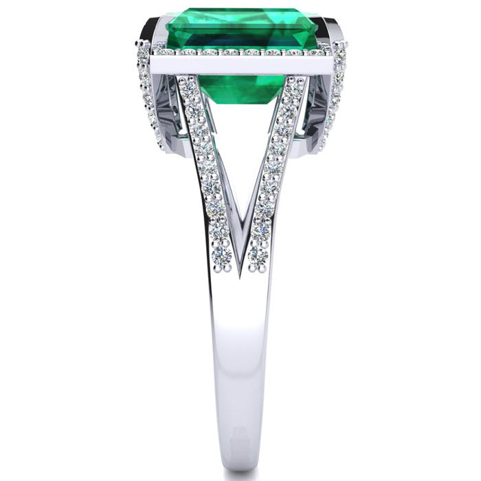 Emerald Ring: 4 Carat Emerald Shape Created Emerald and Diamond Ring In Sterling Silver