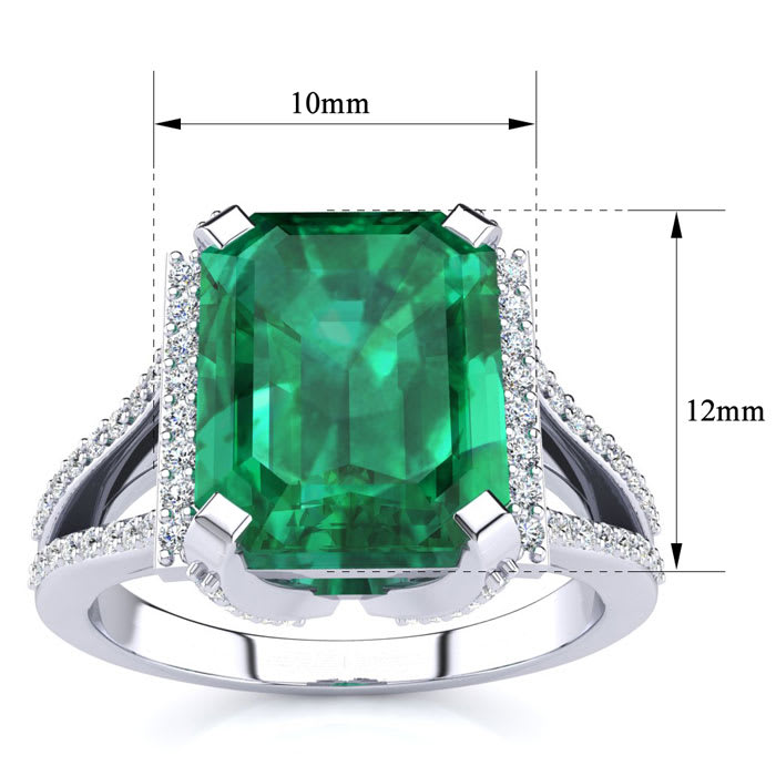 Emerald Ring: 4 Carat Emerald Shape Created Emerald and Diamond Ring In Sterling Silver