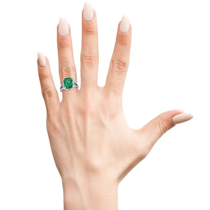 Emerald Ring: 4 Carat Emerald Shape Created Emerald and Diamond Ring In Sterling Silver
