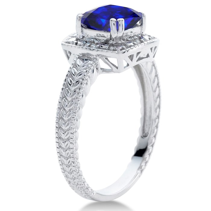 Sapphire Ring: 1 1/4 Carat Cushion Cut Created Sapphire and Halo Diamond Ring In Sterling Silver