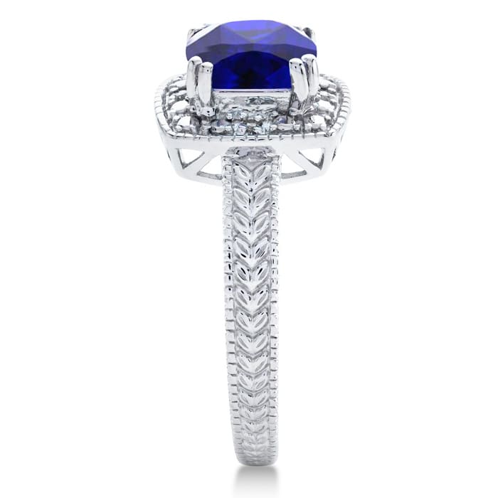Sapphire Ring: 1 1/4 Carat Cushion Cut Created Sapphire and Halo Diamond Ring In Sterling Silver