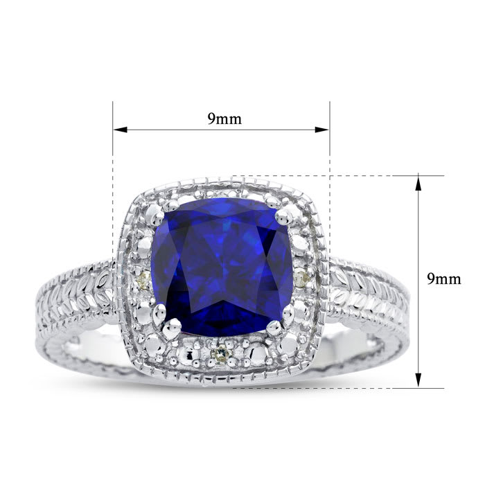 Sapphire Ring: 1 1/4 Carat Cushion Cut Created Sapphire and Halo Diamond Ring In Sterling Silver