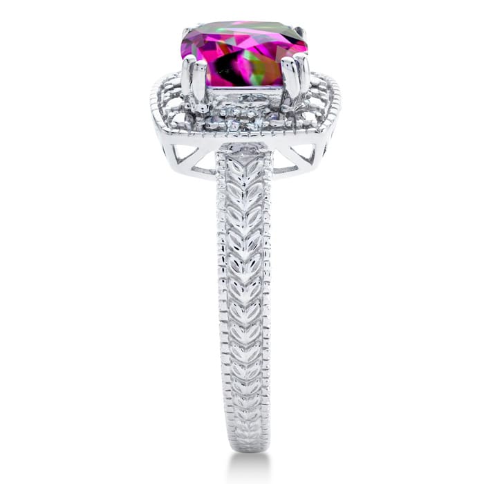 Mystic Topaz Ring: 1 1/4 Carat Cushion Cut Mystic Topaz and Halo Diamond Ring In Sterling Silver