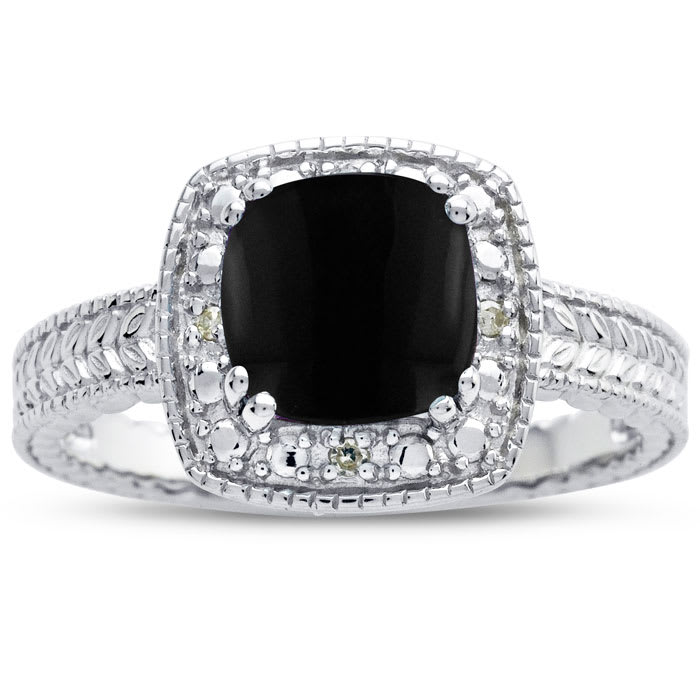Black Onyx Ring: 1 1/4 Carat Cushion Cut Black Onyx and Halo Diamond Ring In Sterling Silver