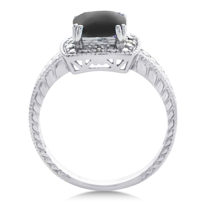 Black Onyx Ring: 1 1/4 Carat Cushion Cut Black Onyx and Halo Diamond Ring In Sterling Silver