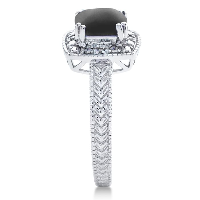 Black Onyx Ring: 1 1/4 Carat Cushion Cut Black Onyx and Halo Diamond Ring In Sterling Silver