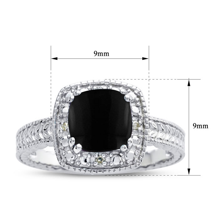 Black Onyx Ring: 1 1/4 Carat Cushion Cut Black Onyx and Halo Diamond Ring In Sterling Silver