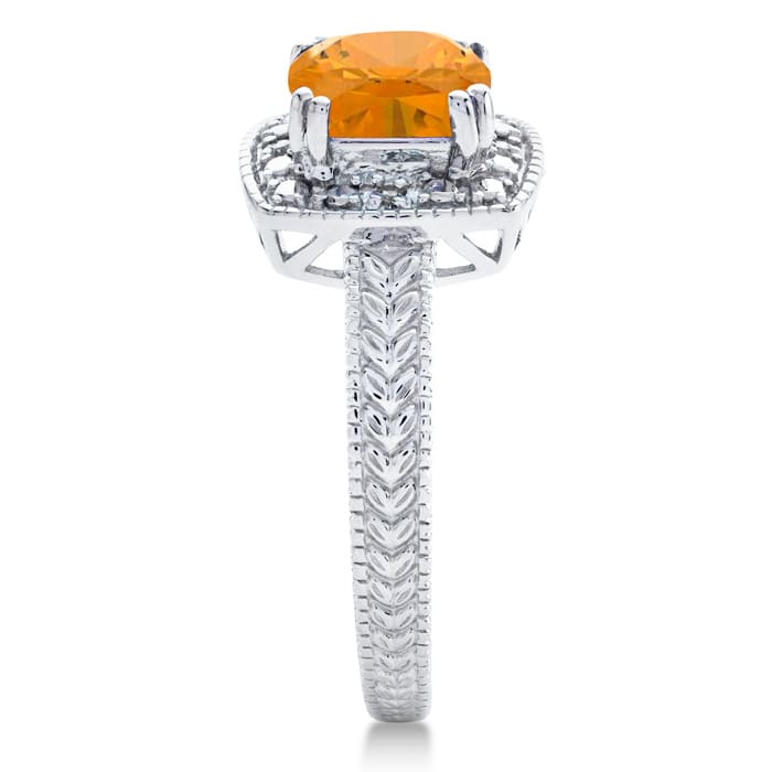 Citrine Ring: 1 1/4 Carat Cushion Cut Citrine and Halo Diamond Ring In Sterling Silver