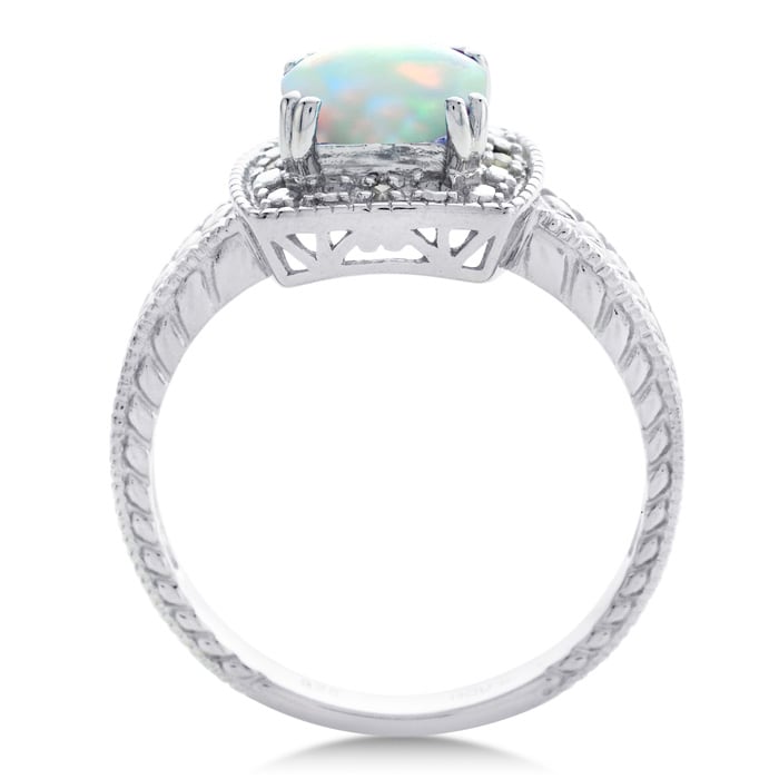 Opal Ring: 1 1/4 Carat Cushion Cut Created Opal and Halo Diamond Ring In Sterling Silver