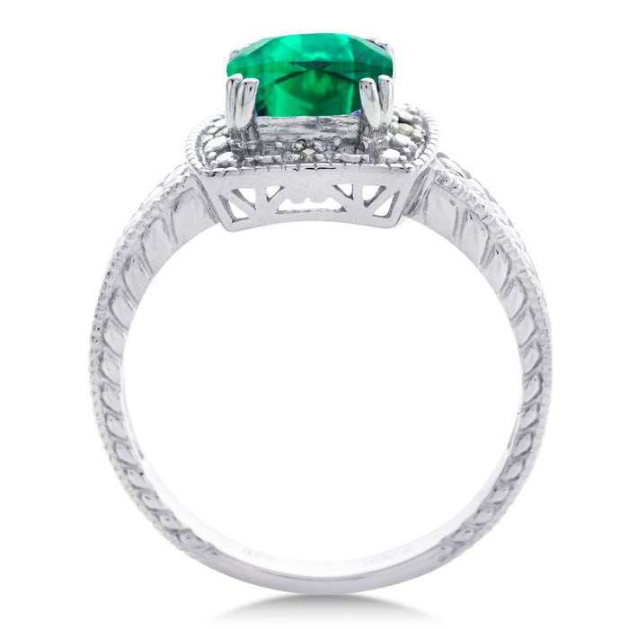 Emerald Ring: 1 1/4 Carat Cushion Cut Created Emerald and Halo Diamond Ring In Sterling Silver