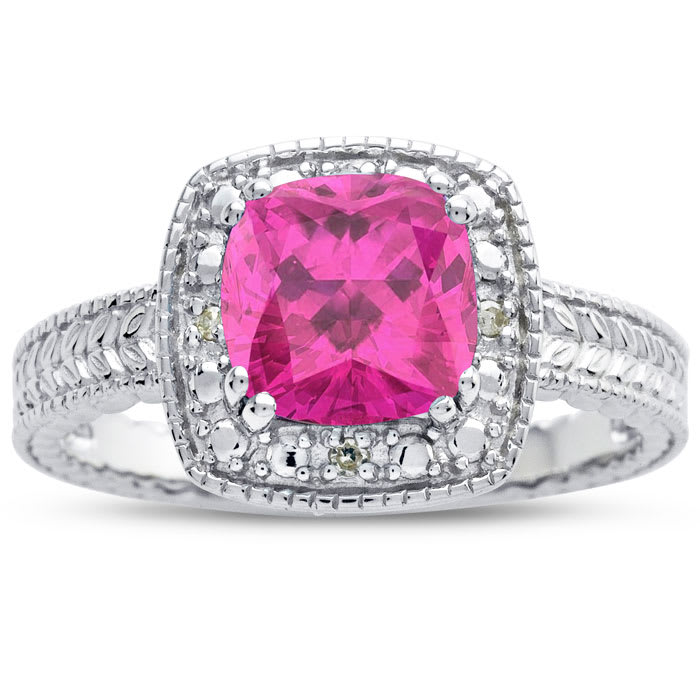 Pink Sapphire Ring: 1 1/4 Carat Cushion Cut Created Pink Sapphire and Halo Diamond Ring In Sterling Silver