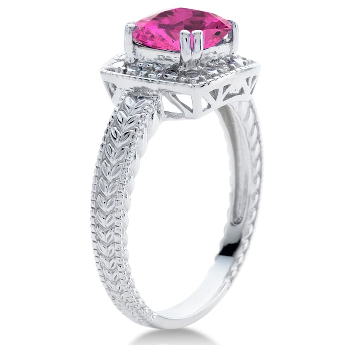 Pink Sapphire Ring: 1 1/4 Carat Cushion Cut Created Pink Sapphire and Halo Diamond Ring In Sterling Silver