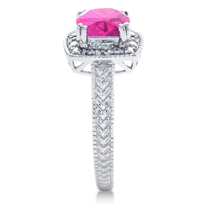 Pink Sapphire Ring: 1 1/4 Carat Cushion Cut Created Pink Sapphire and Halo Diamond Ring In Sterling Silver
