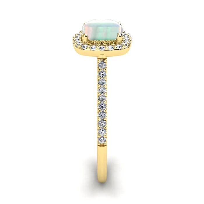 1 1/2 Carat Cushion Cut Created Opal and Halo Diamond Ring In 14K Yellow Gold
