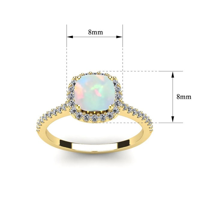 1 1/2 Carat Cushion Cut Created Opal and Halo Diamond Ring In 14K Yellow Gold